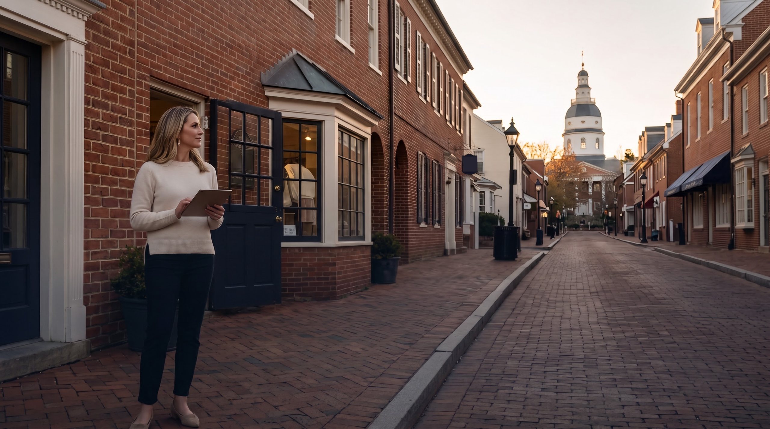 A shop owner with a tablet outside her brick storefront on a street in historic Annapolis, the Maryland State House dome at the end of the street