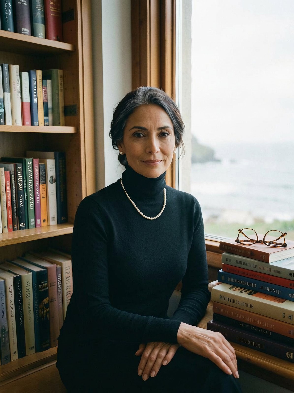 Novelist in a coastal library window seat