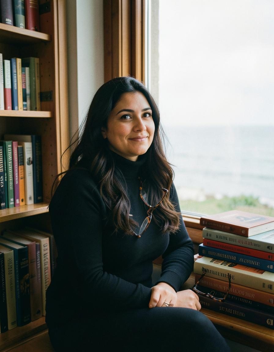 Novelist in a coastal library window seat