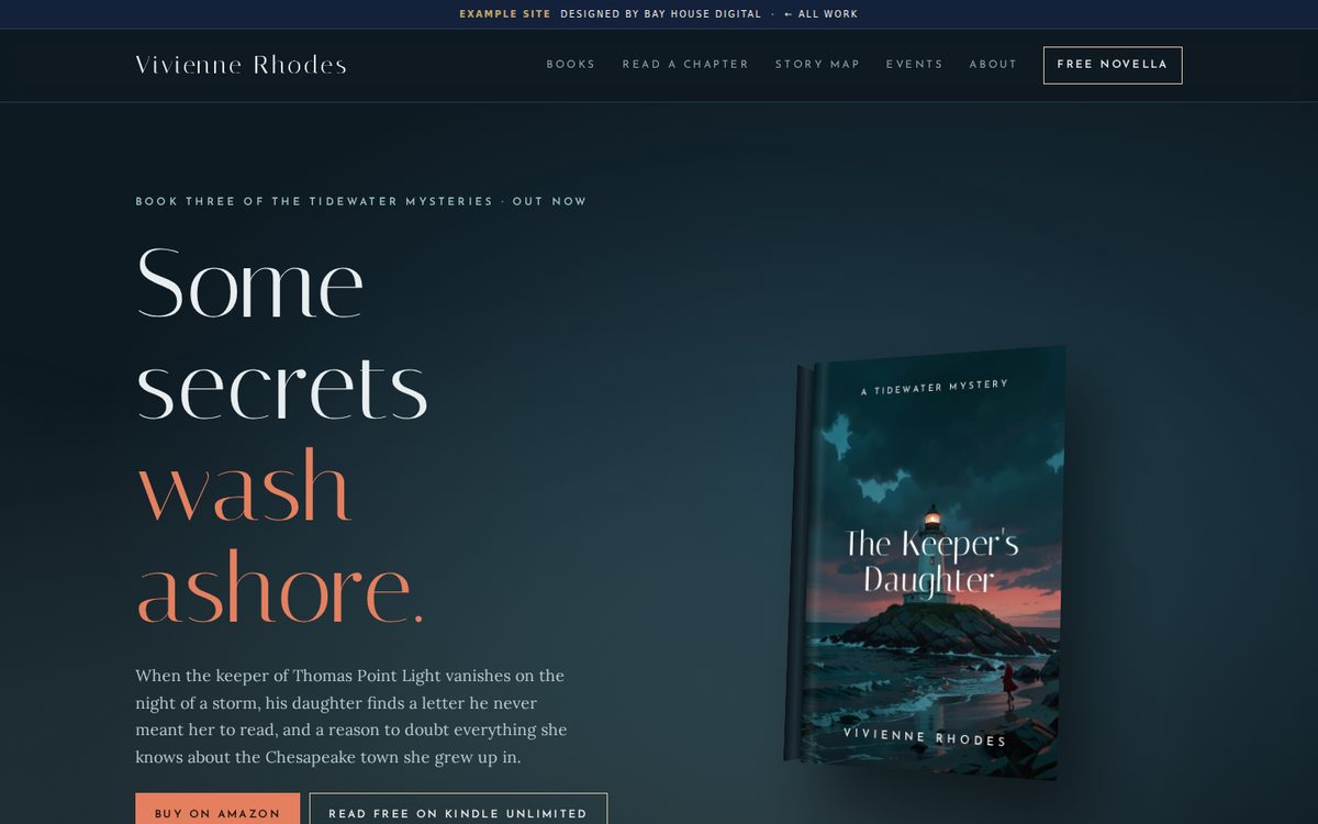 Home page of the example author website for Vivienne Rhodes