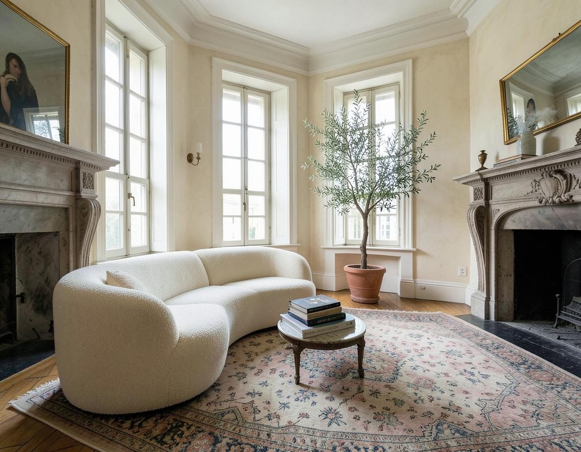 Limewashed drawing room with a curved boucle sofa