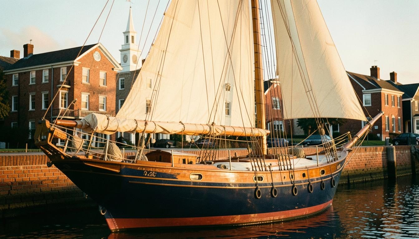 A classic wooden yacht moored at a brick seawall in a colonial harbor town at golden hour