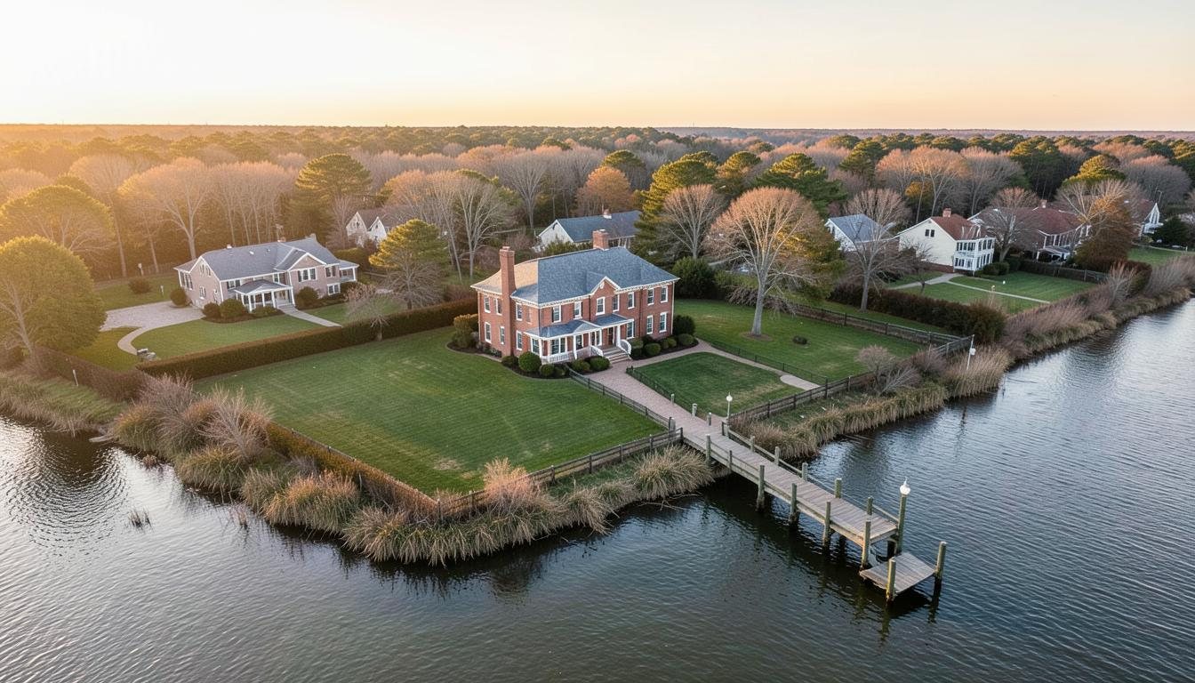 Aerial view of a waterfront estate and pier on the Chesapeake Bay