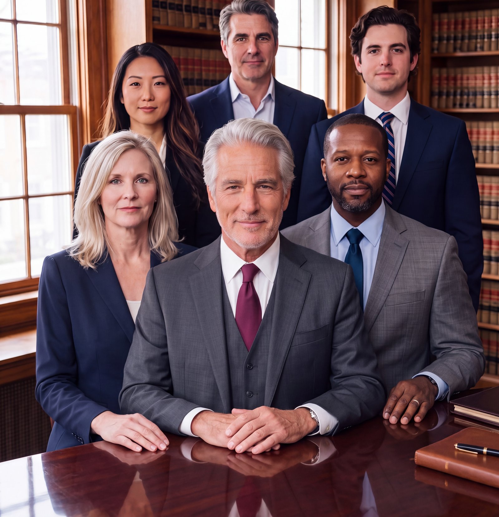 The Pembrooke Ashdown attorneys in the firm law library, founding partner Charles Pembrooke in front