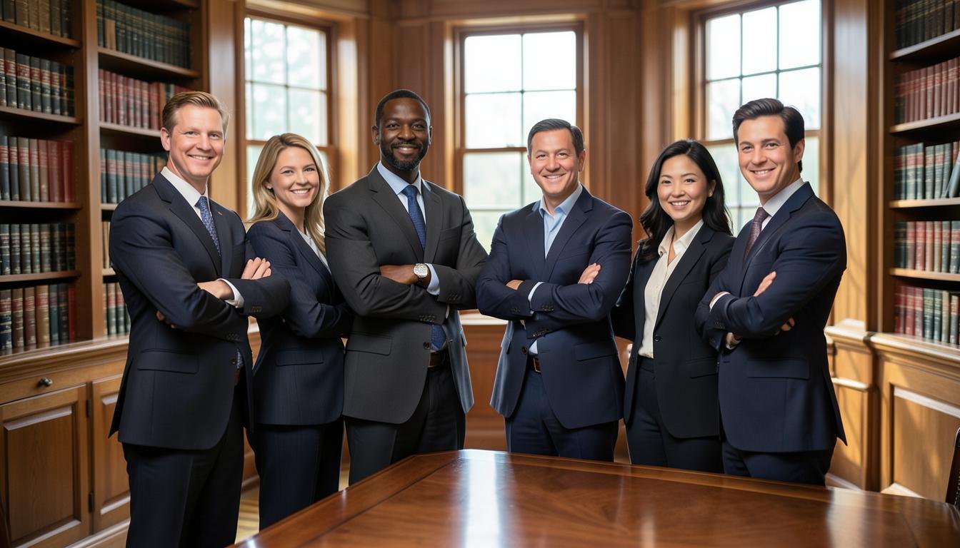 The six attorneys of Pembrooke Ashdown standing together in the firm's law library