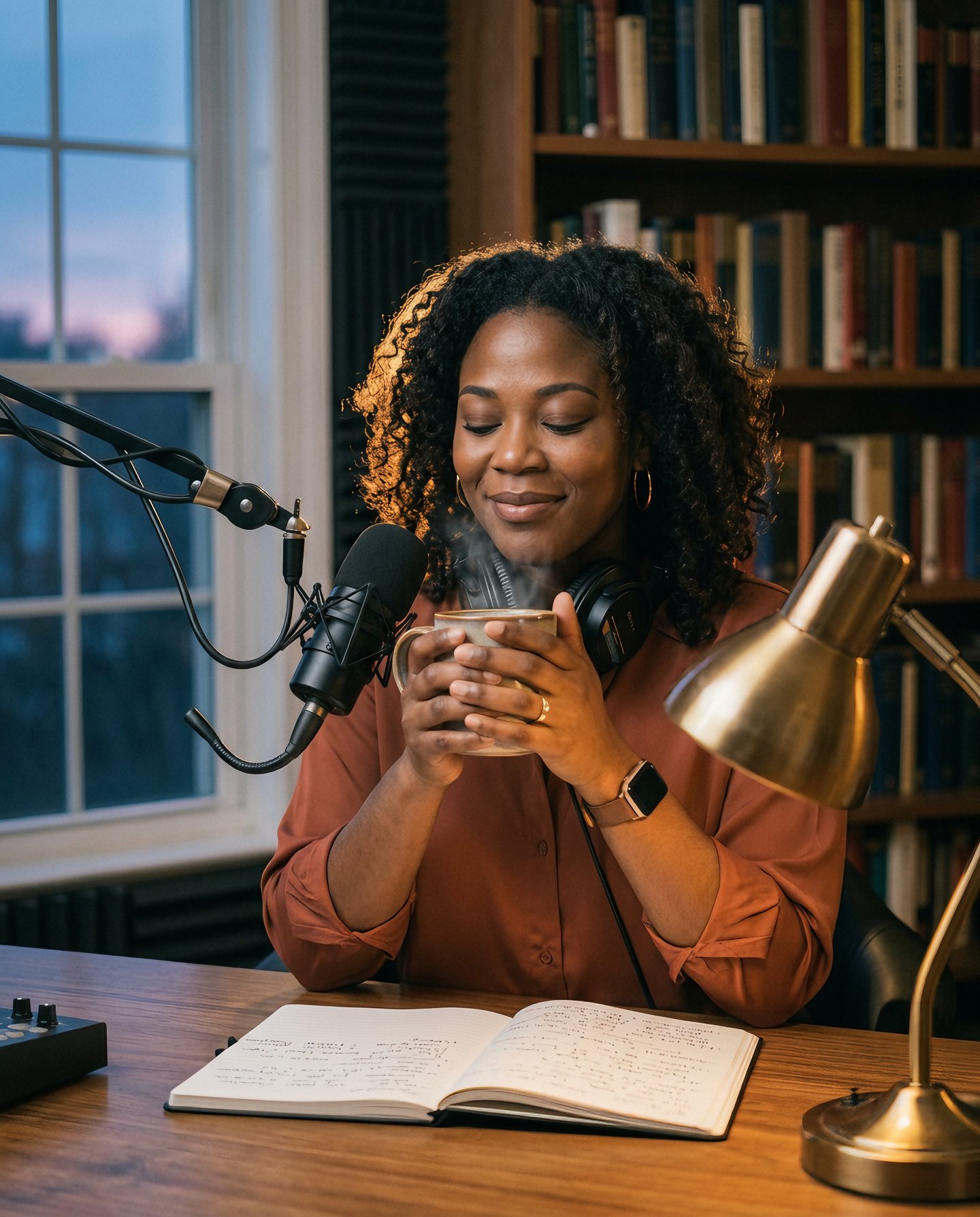 A host with a cup of tea and an open notebook at her microphone, reviewing notes for an episode
