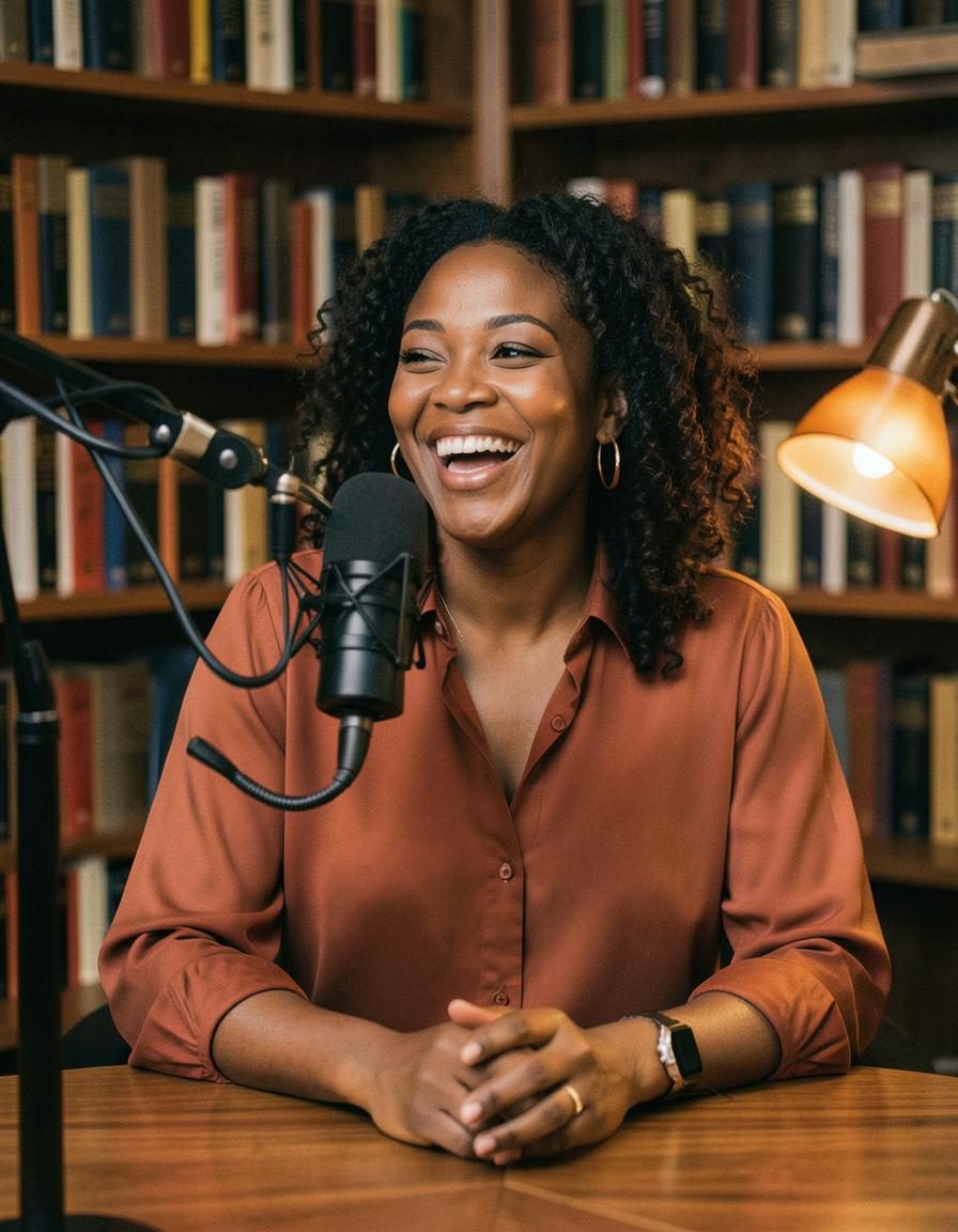 Podcast host laughing at a microphone