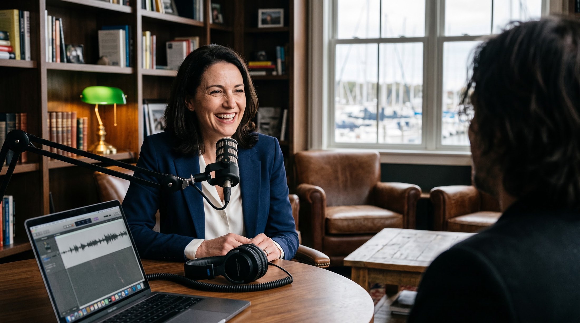 A host laughing with her guest across a microphone in a library-style recording room overlooking a marina