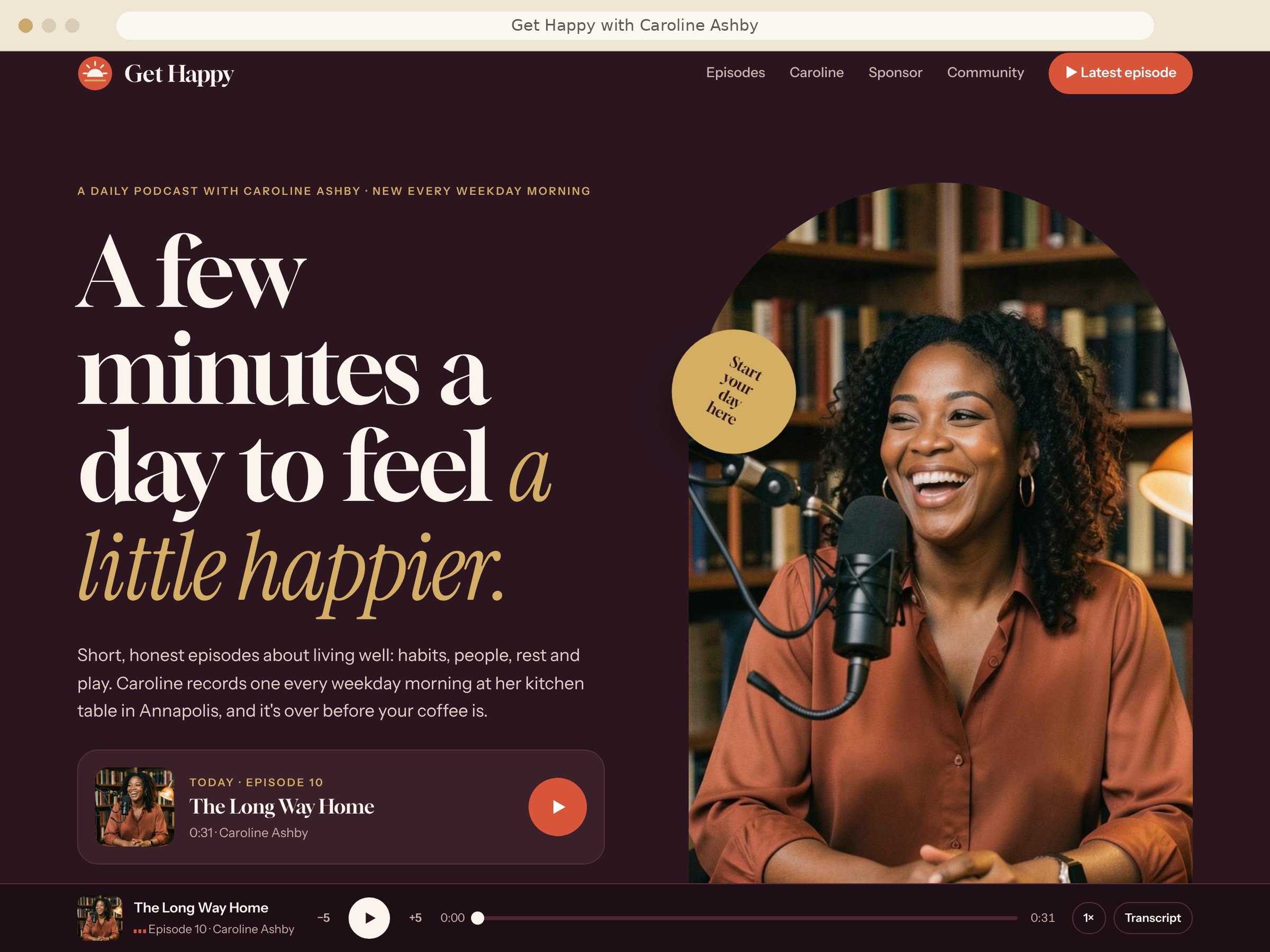 The home page of an example show website: the host at her microphone, today's episode ready to play and a player bar along the bottom