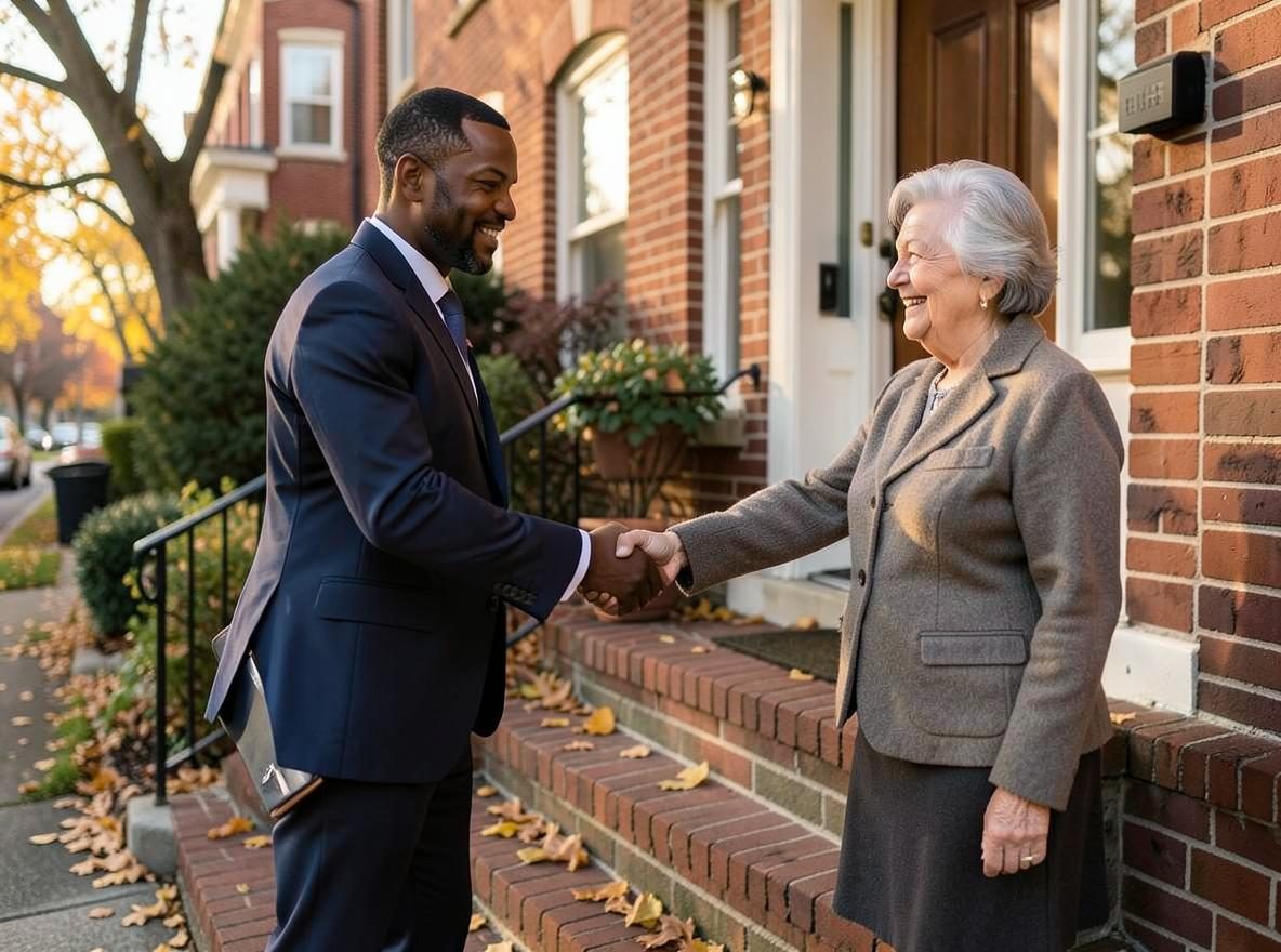 Marcus Hale greeting a neighbor at her front door