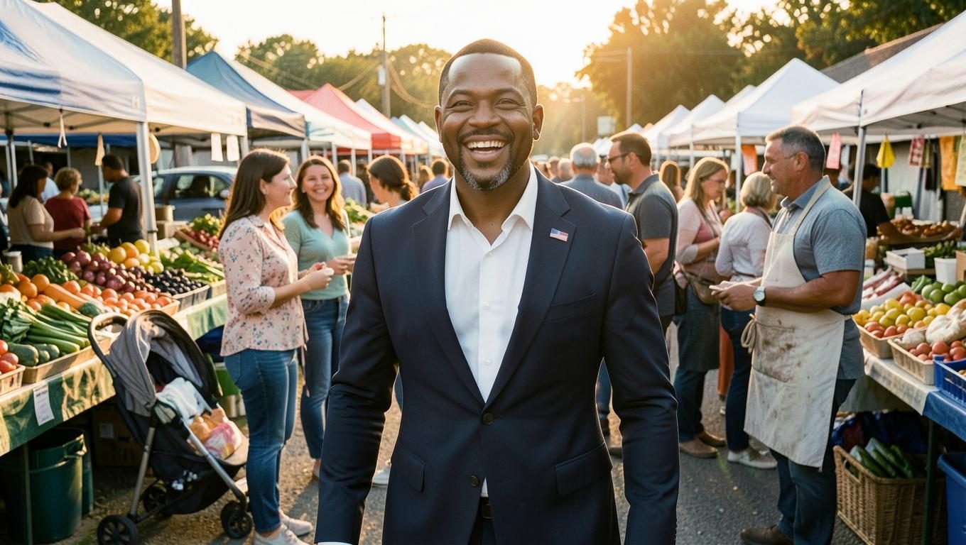 Candidate laughing with neighbors at a farmers market