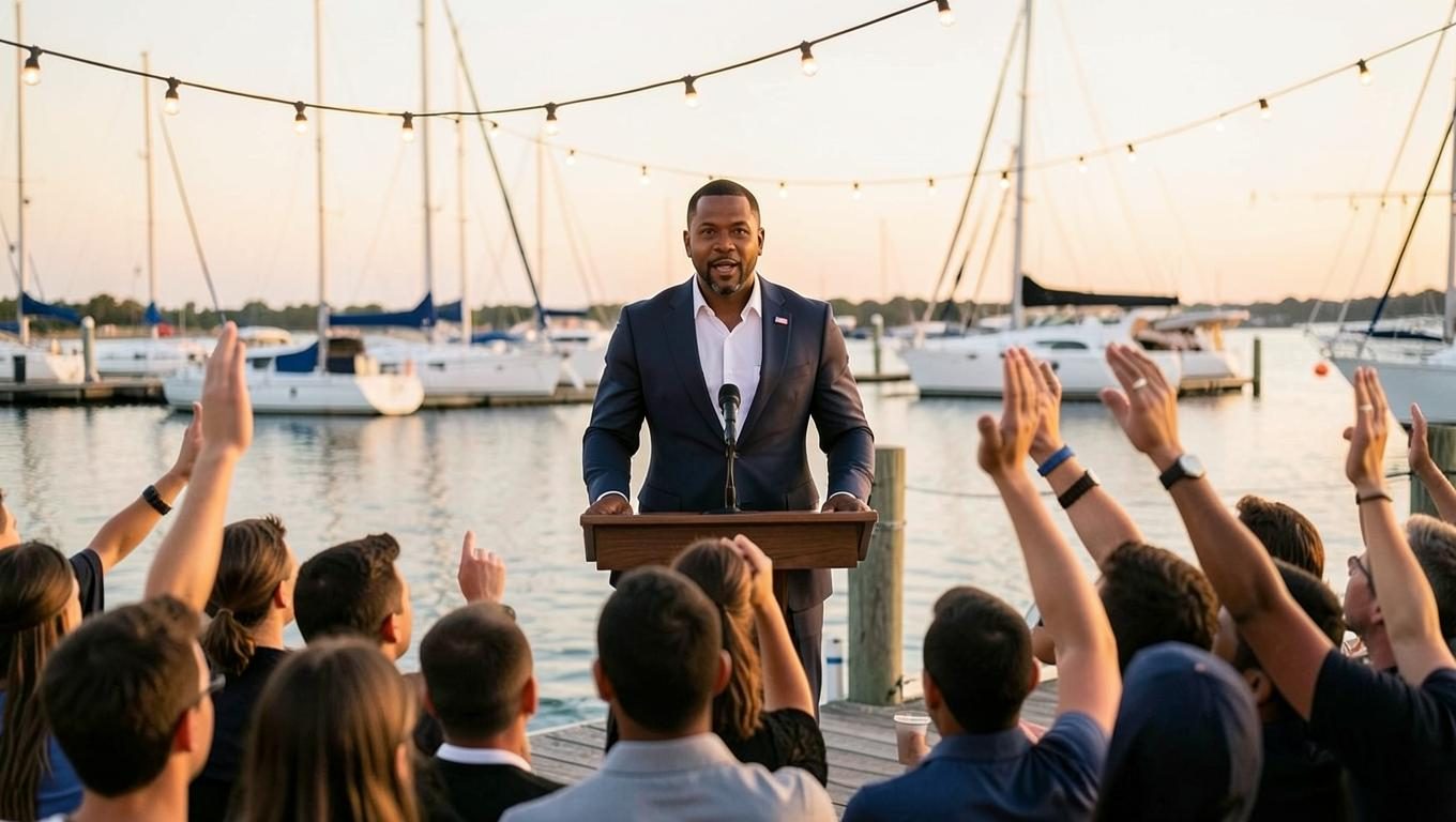 Marcus Hale speaking at a waterfront rally