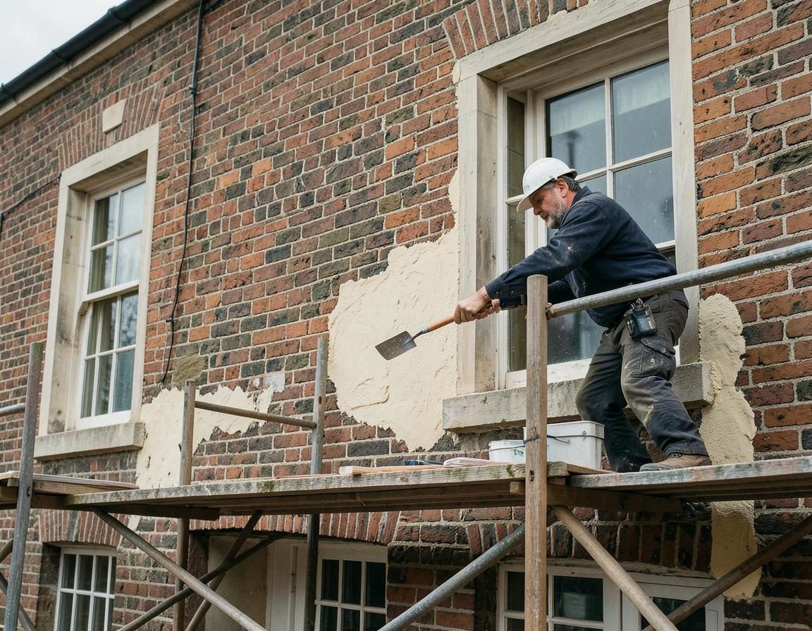 Repointing brick with lime mortar on scaffolding