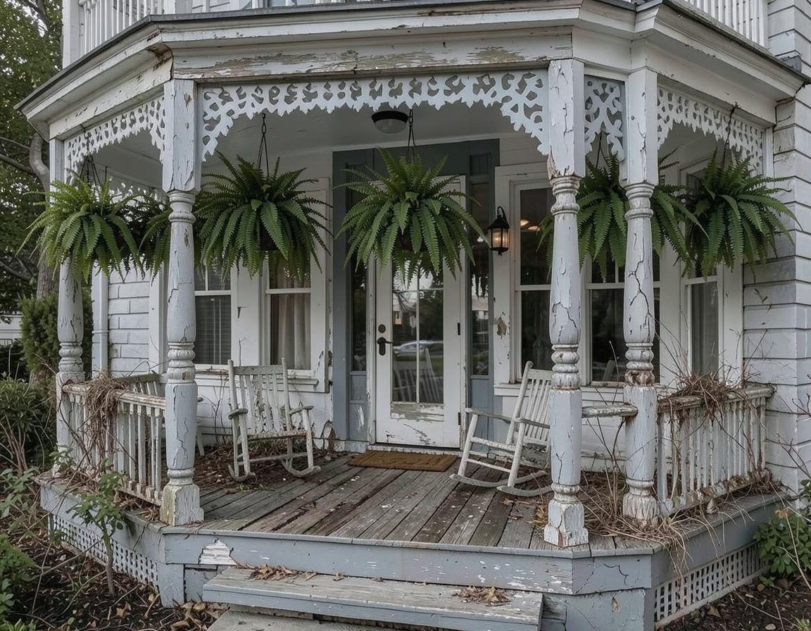 The porch before restoration, with peeling paint and rotted boards