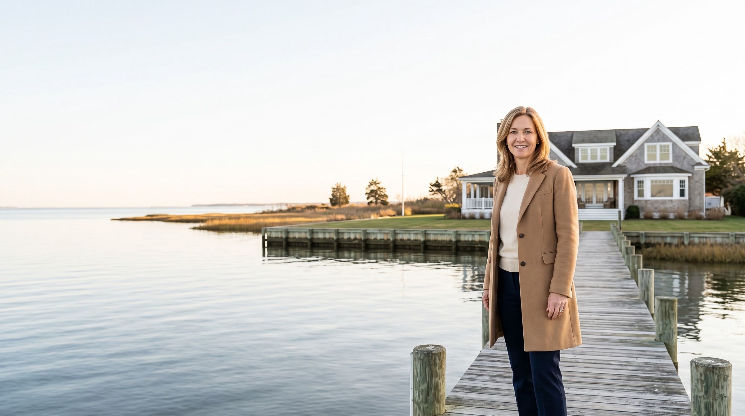 Catherine Lowe on a private pier, a shingle-style house behind her across the water